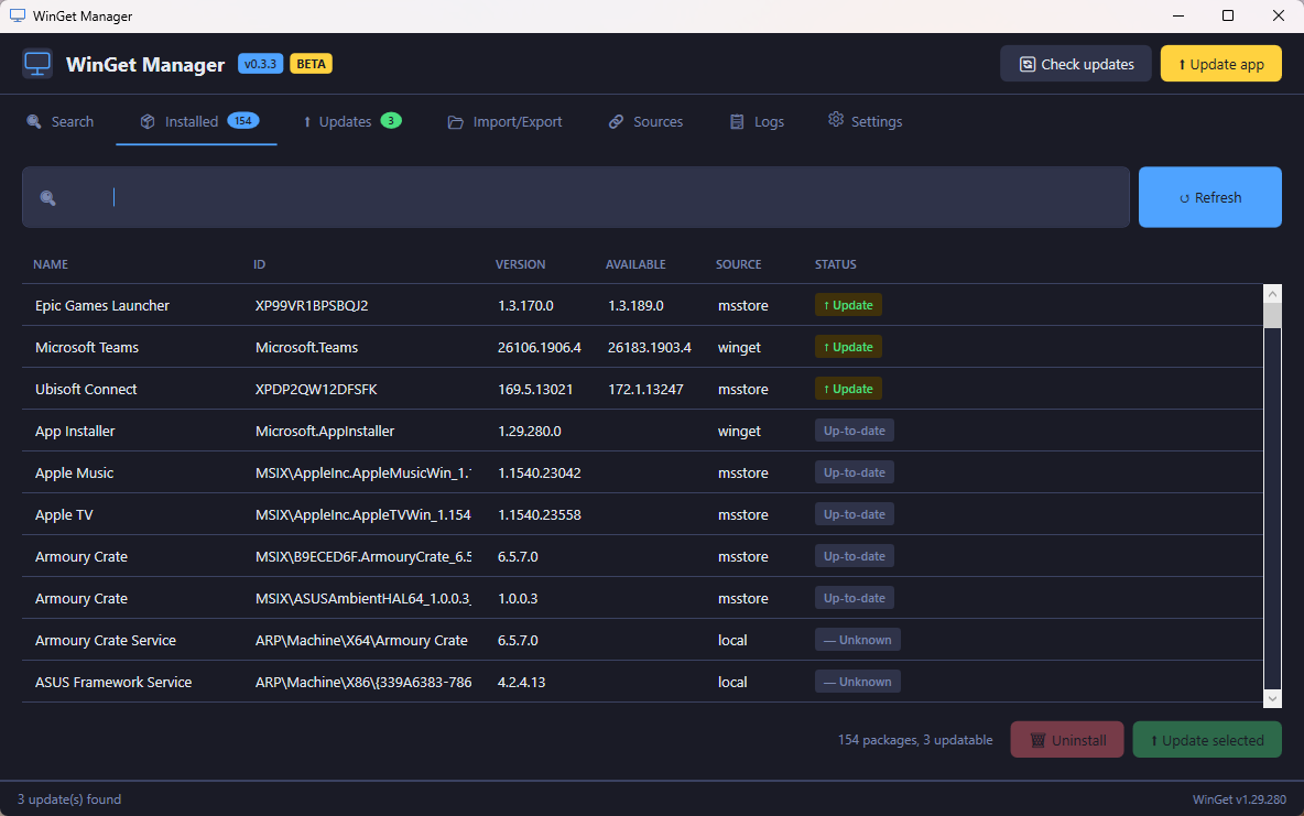 WinGet Manager — installed packages view